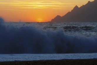 Surf wave at sunset on the beach in Porto, Corsica