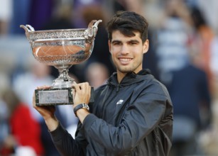 French Open 2024 winner Carlos Alcaraz with the trophy at Roland Garros, Paris, France.