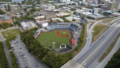 An aerial view of AT&T Field, home of the Chattanooga Lookouts, shows the modern ballpark with a 6,
