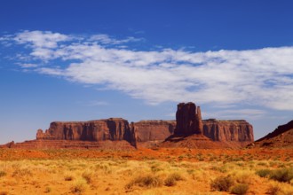 Iconic peaks of rock formations in the Navajo Park of Monument Valley in Utah