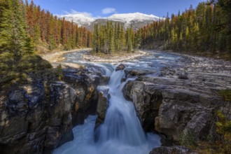 Beautiful autumn landscape scene in mountain in background in Jasper National Park west Canada