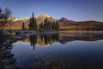 Beautiful autumn landscape scene in mountain in background in Jasper National Park west Canada with