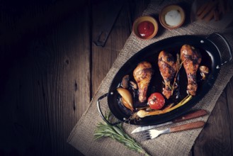 Grilled chicken legs in a barbecue marinade with sweet potatoes