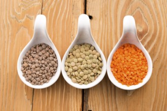 Three kinds of lentil in bowls - red lentil, green lentil and brown lentil, lodz, poland