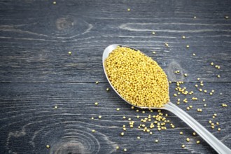 Mustard seeds in a metal spoon on the background of a black wooden board