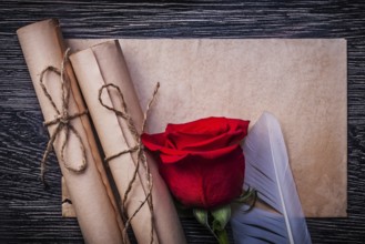 Vintage paper rolls red natural rose on wooden background
