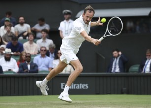 Russian tennis player Daniil Medvedev in action at the 2024 Wimbledon Championships, London,