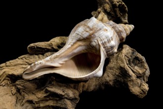 A beautiful conch shell Trapezium fascilarium resting on a piece of weathered driftwood, isolated