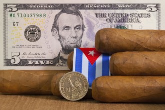 Luxury Cuban cigars with US dollar banknote and coin on the wooden table
