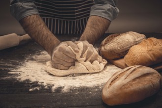 Male hands knead the dough. Chef cooking bread and bun