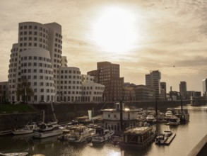 Harbour with boats in the foreground and modern skyscrapers in the background at sunset,