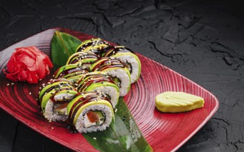 Food, Delicious sushi rolls are beautifully arranged on a red plate. They feature fresh