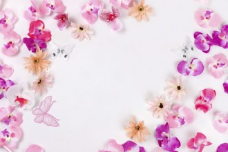Holiday concept with flowers, spring or summer composition, still life, banner, delicate orchid