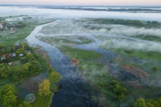 Biebrza National Park, morning mood, fog, shot with drone, wetland, river, Poland