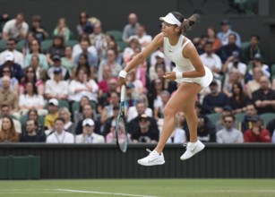 British tennis player Emma Raducanu in action at the 2024 Wimbledon Championships, London, England,