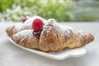 Croissants with jam and berries for Breakfast. Behind, a defocus background