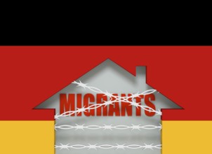 Image relative to migration to European Union. Barbed wire closed home icon textured by Germany