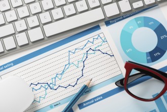 Business workplace with keyboard mouse and papers with graphs and diagrams