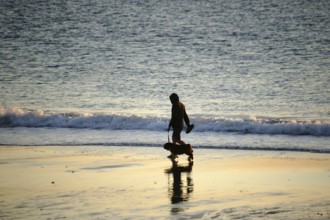 A walker takes his dog for an evening stroll along the beach at sunset