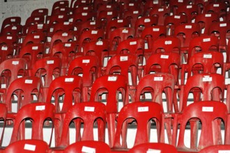 The Cave of St Michael, Gibraltar, British Overseas Territory, close-up of red chairs in neat rows,