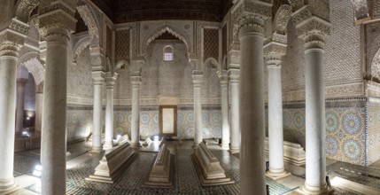 MARRAKECH, MOROCCO, APRIL 19, 2023, Oriental decoration of the famous Saadian tombs in the center