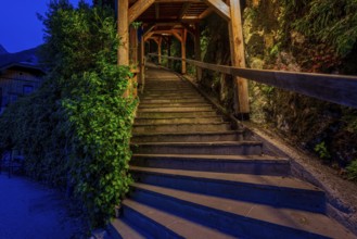 Illuminated village steps in Hallstatt, Austria