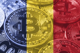 Romania bitcoin flag, national flag cryptocurrency concept black background