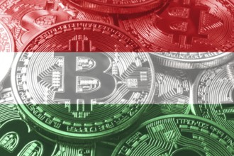 Hungary bitcoin flag, national flag cryptocurrency concept black background