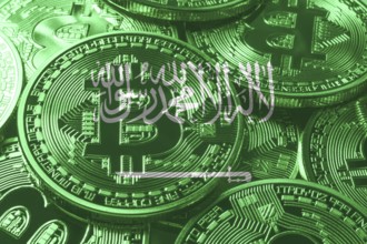 Saudi Arabia bitcoin flag, national flag cryptocurrency concept black background