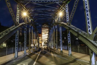Waasenbrücke, behind the Schwammerlturm, blue hour, Leoben, Styria, Austria