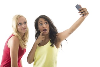 Girlfriends taking selfie with cell phone