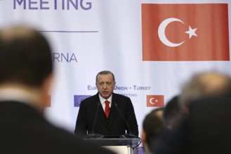 Varna, Bulgaria - March 26, 2018: Turkish President Tayyip Erdogan attends a news conference at
