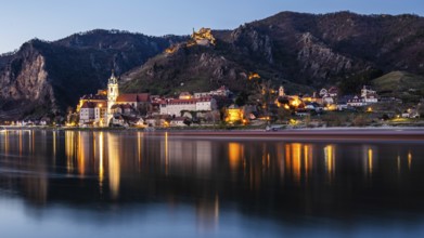View over the Danube to Dürnstein, blue hour, long exposure, Wachau, Lower Austria, Austria