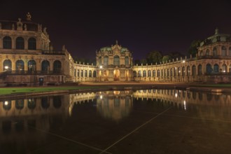 Dresden Zwinger palace panorama with illumination at night and water reflection, Germany