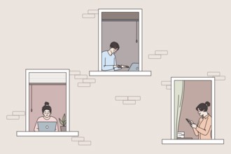 Diverse people freelancers in building windows work online on computer at smartphone from home. Men