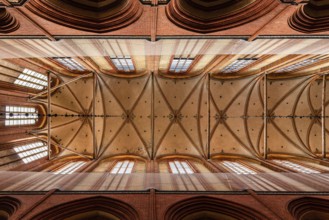 Wismar, Germany, August 2, 2019: Church of St. Nicholas. Interior view directly below the vaults of
