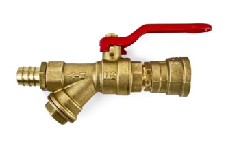 Water taps in the assembly with adapters made ??of brass with a red pen isolated on white