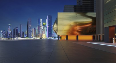 Perspective view of empty floor with modern building and beautiful nigh city background. 3d