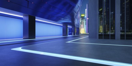 Empty floor with modern buildings with blue glass window. 3d rendering