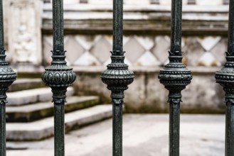 Antique wrought iron fence with decorative spherical inserts.
