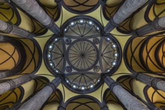 Majestic vaulted ceiling with columns in historical architecture, ceiling view, Sanctuary of the