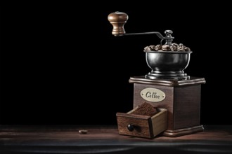 Classic Vintage Coffee Mill Standing On Wooden Board Isolated Black