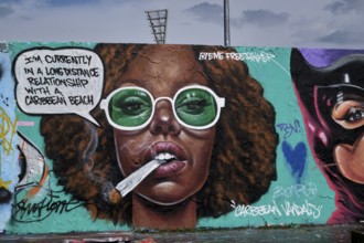 Germany, Berlin, 04.08.2024, Sunday afternoon in Mauerpark, Graffiti wall, work by Eme Freethinker,