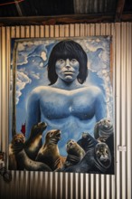 Mural depicting the cultural heritage of the Aonikenk and Kaweshar ethnic groups, Puerto Natales,