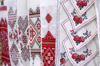 Stock photo of decorative towels with traditional Ukrainian folk national red and black embroidery