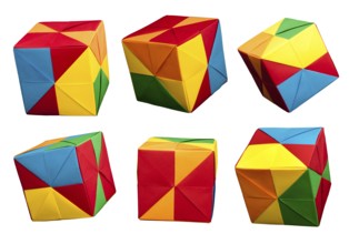 Paper made multi colored patterned cubes folded origami style