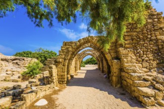 Sunny spring day. Arched passage - covered street. Picturesque ruins of the ancient seaport