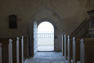 Danish Church with view on the sea in the old church of Højerup, Denmark, Højerup, Denmark