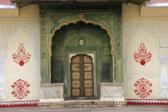 City Palace Jaipur, Rajasthan, North India, India, Asia, Magnificent green portal with elaborately