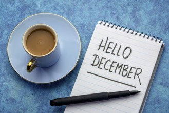 Hello December - handwriting in a notebook with a cup of coffee